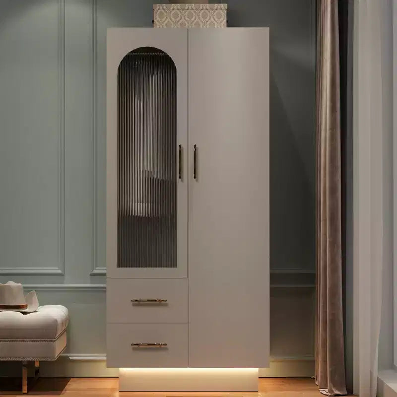 Bedroom Armoire Wardrobe Closet with Door & 2 Drawers, 71 Wood Wardrobe Storage Cabinet with LED, Hanging Rod, Freestanding Modern Armoire Closet