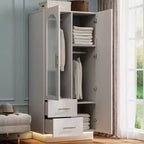 Bedroom Armoire Wardrobe Closet with Door & 2 Drawers, 71 Wood Wardrobe Storage Cabinet with LED, Hanging Rod, Freestanding Modern Armoire Closet