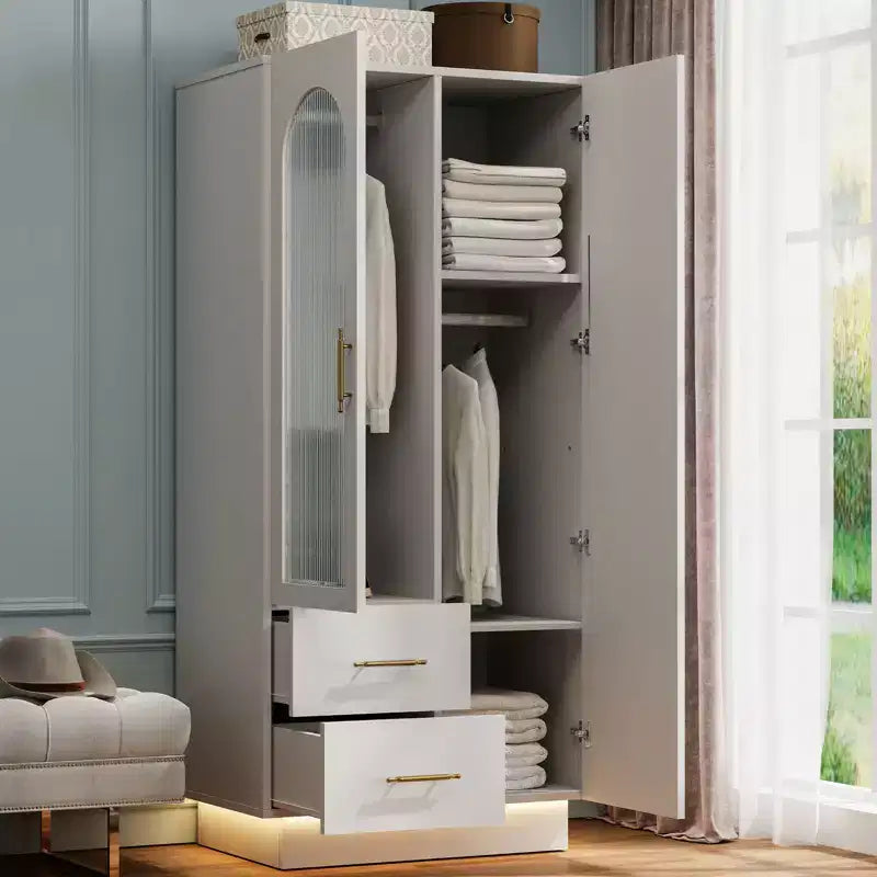 Bedroom Armoire Wardrobe Closet with Door & 2 Drawers, 71 Wood Wardrobe Storage Cabinet with LED, Hanging Rod, Freestanding Modern Armoire Closet