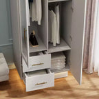 Bedroom Armoire Wardrobe Closet with Door & 2 Drawers, 71 Wood Wardrobe Storage Cabinet with LED, Hanging Rod, Freestanding Modern Armoire Closet