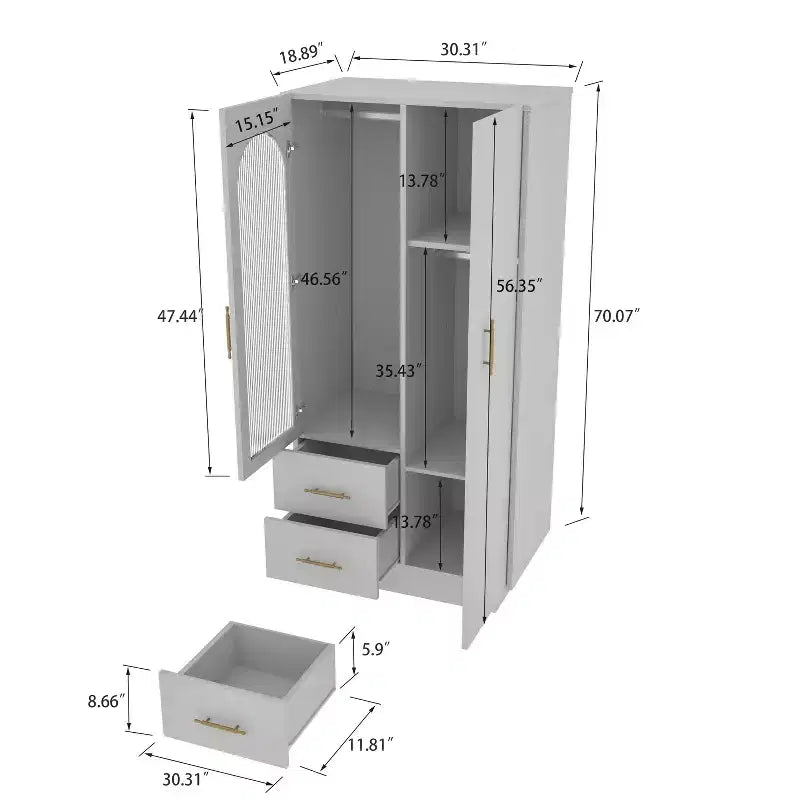 Bedroom Armoire Wardrobe Closet with Door & 2 Drawers, 71 Wood Wardrobe Storage Cabinet with LED, Hanging Rod, Freestanding Modern Armoire Closet