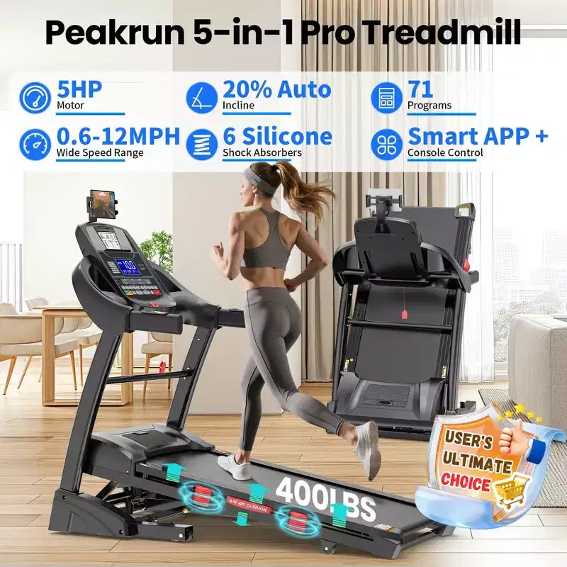 Tapis de course pliable 5 CV pour la maison avec inclinaison automatique de 15 %, capacité de 180 kg, tapis de course portable 16 km/h, 64+7 programmes, entraînement personnalisé avec application