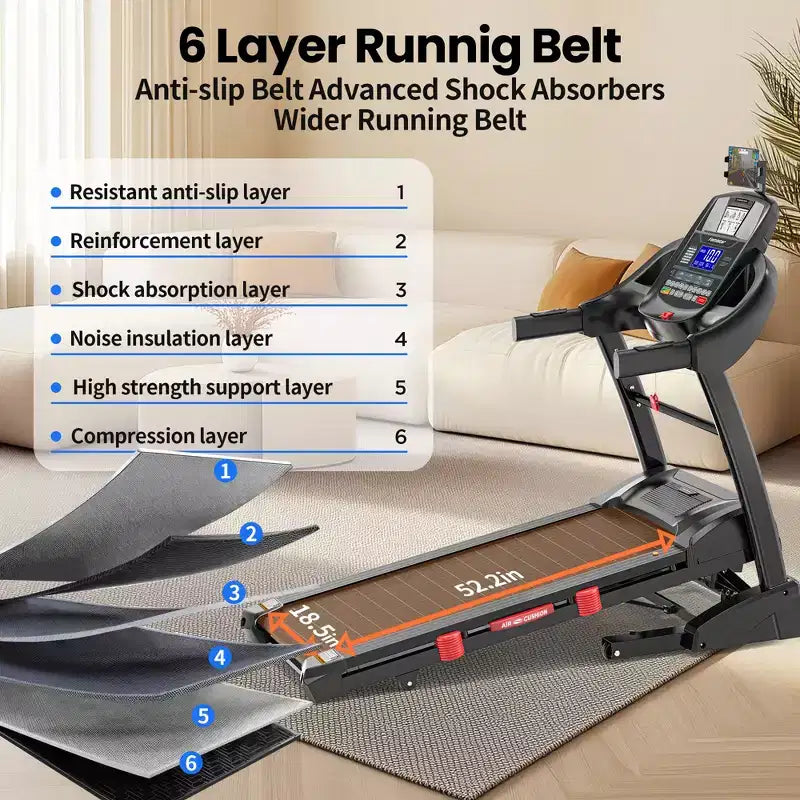 Tapis de course pliable 5 CV pour la maison avec inclinaison automatique de 15 %, capacité de 180 kg, tapis de course portable 16 km/h, 64+7 programmes, entraînement personnalisé avec application