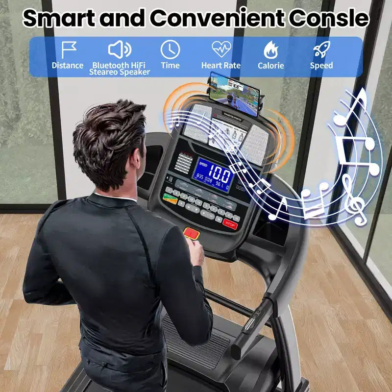 Tapis de course pliable 5 CV pour la maison avec inclinaison automatique de 15 %, capacité de 180 kg, tapis de course portable 16 km/h, 64+7 programmes, entraînement personnalisé avec application