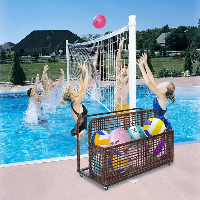 PE Rattan Poolside Float Storage Box with Rolling Wheels, Outdoor Patio Caddy, Sturdy Deck Organizer for Pool Toys, Floats & Beach Accessories, Brown
