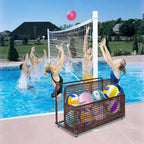 PE Rattan Poolside Float Storage Box with Rolling Wheels, Outdoor Patio Caddy, Sturdy Deck Organizer for Pool Toys, Floats & Beach Accessories, Brown