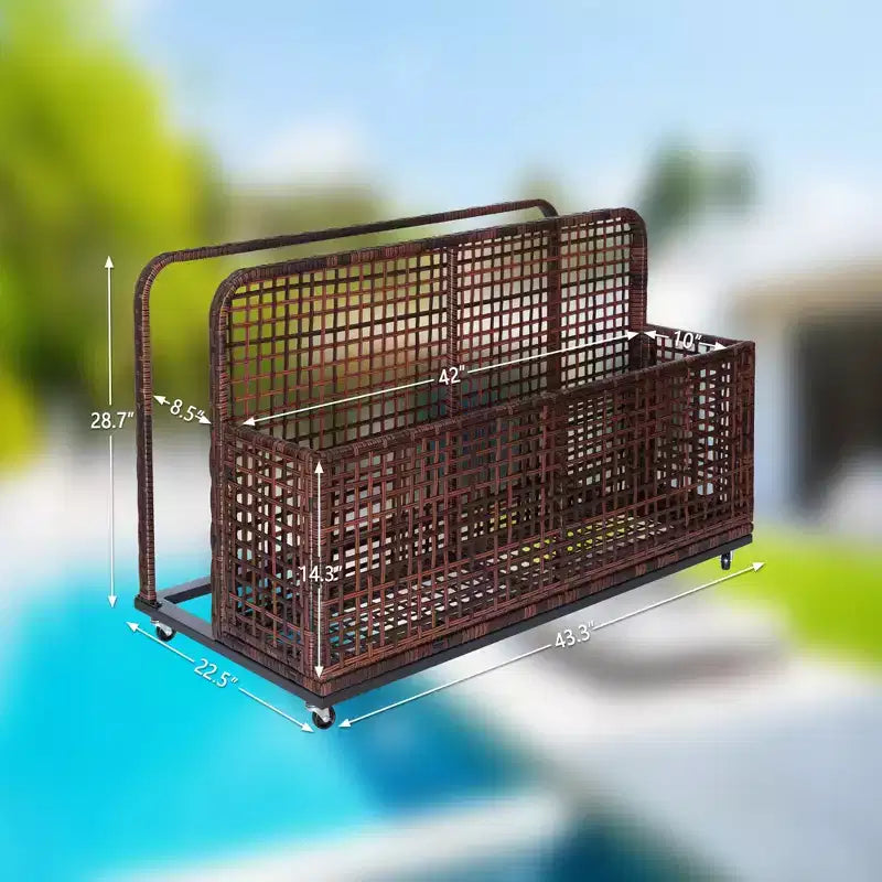 PE Rattan Poolside Float Storage Box with Rolling Wheels, Outdoor Patio Caddy, Sturdy Deck Organizer for Pool Toys, Floats & Beach Accessories, Brown