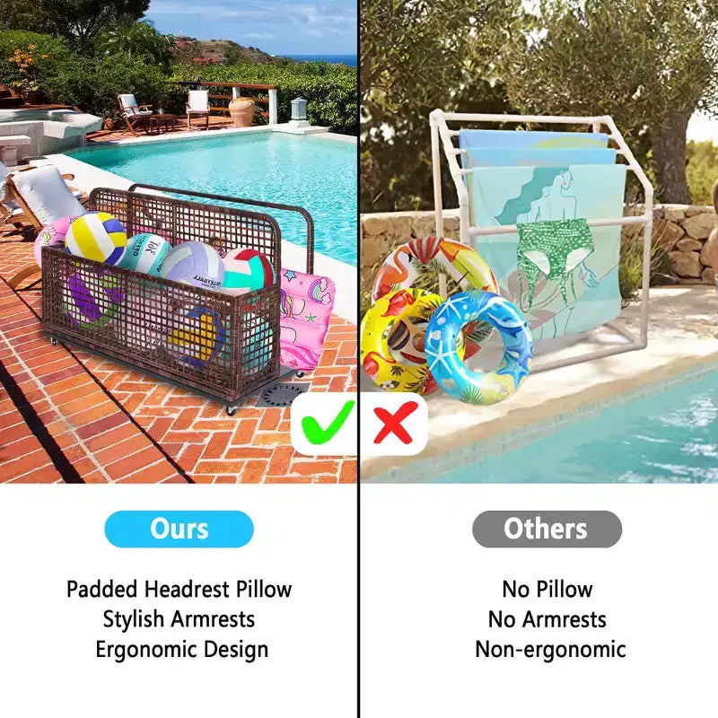 PE Rattan Poolside Float Storage Box with Rolling Wheels, Outdoor Patio Caddy, Sturdy Deck Organizer for Pool Toys, Floats & Beach Accessories, Brown