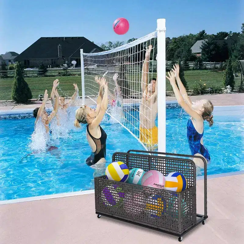 PE Rattan Poolside Float Storage Box with Rolling Wheels, Outdoor Patio Caddy, Sturdy Deck Organizer for Pool Toys, Floats & Beach Accessories, Brown