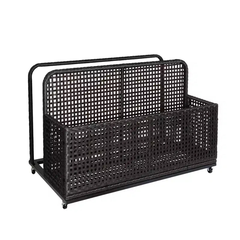 PE Rattan Poolside Float Storage Box with Rolling Wheels, Outdoor Patio Caddy, Sturdy Deck Organizer for Pool Toys, Floats & Beach Accessories, Brown