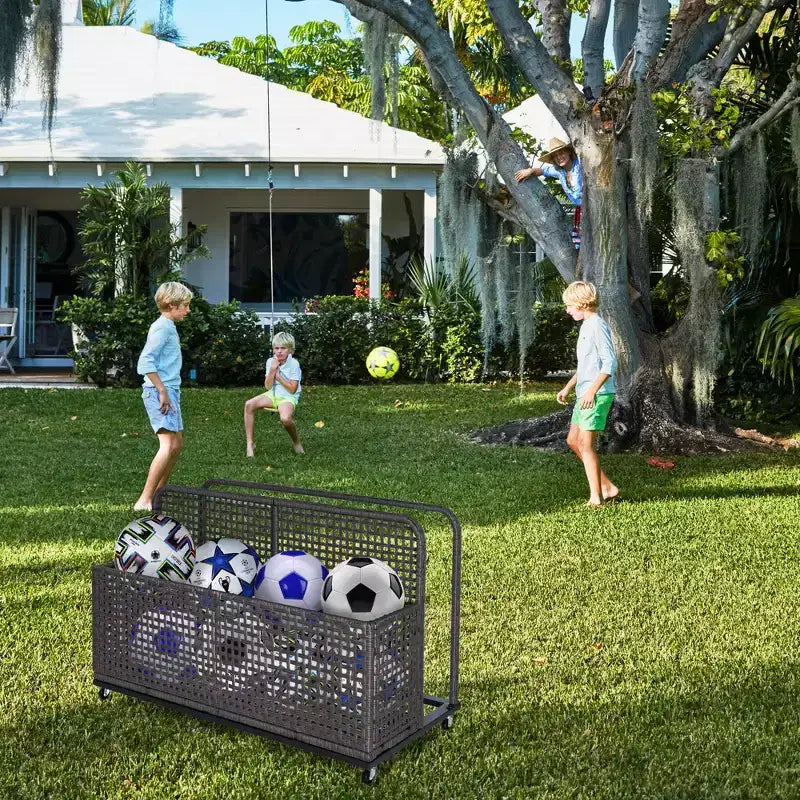 PE Rattan Poolside Float Storage Box with Rolling Wheels, Outdoor Patio Caddy, Sturdy Deck Organizer for Pool Toys, Floats & Beach Accessories, Brown