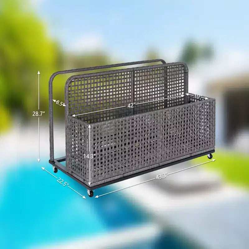 PE Rattan Poolside Float Storage Box with Rolling Wheels, Outdoor Patio Caddy, Sturdy Deck Organizer for Pool Toys, Floats & Beach Accessories, Brown