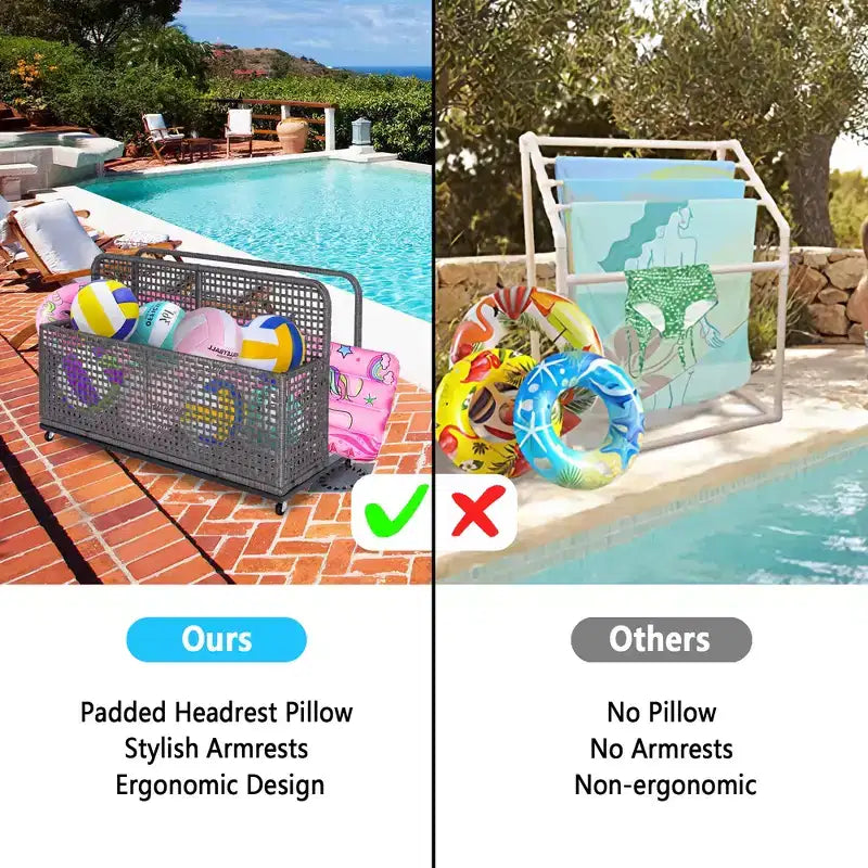 PE Rattan Poolside Float Storage Box with Rolling Wheels, Outdoor Patio Caddy, Sturdy Deck Organizer for Pool Toys, Floats & Beach Accessories, Brown