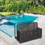 PE Rattan Poolside Float Storage Box with Rolling Wheels, Outdoor Patio Caddy, Sturdy Deck Organizer for Pool Toys, Floats & Beach Accessories, Brown