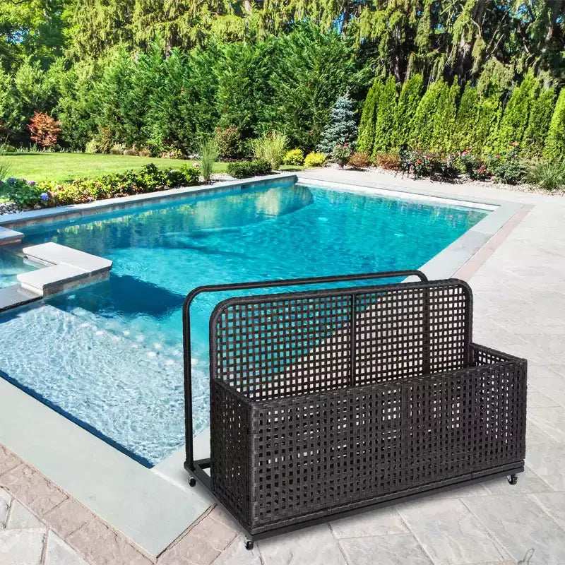 PE Rattan Poolside Float Storage Box with Rolling Wheels, Outdoor Patio Caddy, Sturdy Deck Organizer for Pool Toys, Floats & Beach Accessories, Brown