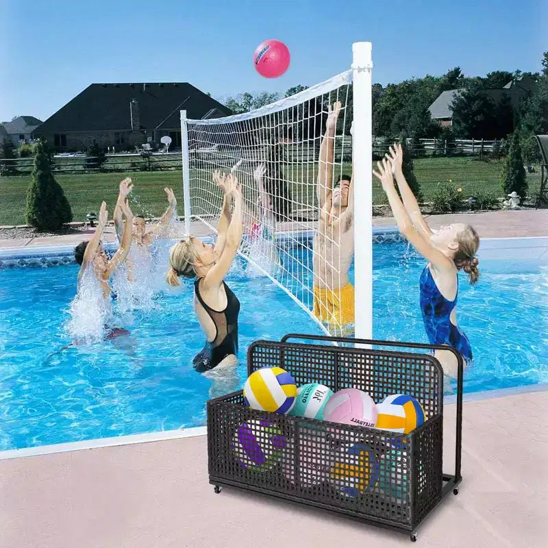PE Rattan Poolside Float Storage Box with Rolling Wheels, Outdoor Patio Caddy, Sturdy Deck Organizer for Pool Toys, Floats & Beach Accessories, Brown
