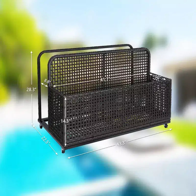 PE Rattan Poolside Float Storage Box with Rolling Wheels, Outdoor Patio Caddy, Sturdy Deck Organizer for Pool Toys, Floats & Beach Accessories, Brown