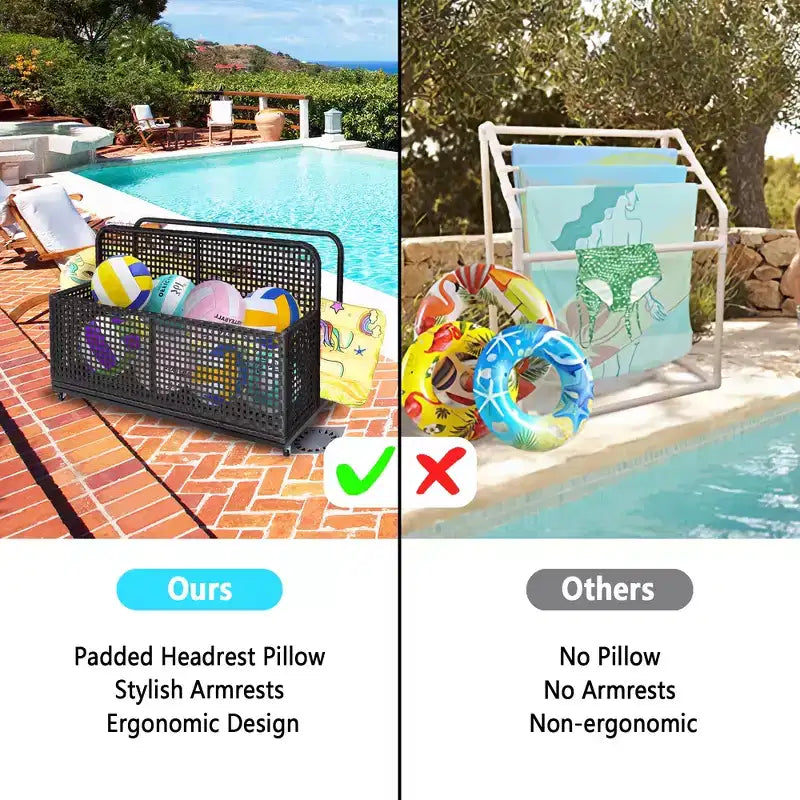 PE Rattan Poolside Float Storage Box with Rolling Wheels, Outdoor Patio Caddy, Sturdy Deck Organizer for Pool Toys, Floats & Beach Accessories, Brown