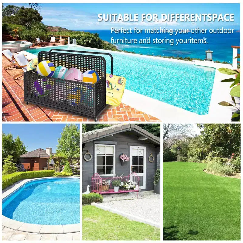 PE Rattan Poolside Float Storage Box with Rolling Wheels, Outdoor Patio Caddy, Sturdy Deck Organizer for Pool Toys, Floats & Beach Accessories, Brown