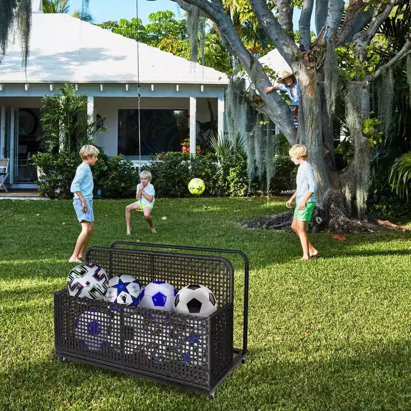 PE Rattan Poolside Float Storage Box with Rolling Wheels, Outdoor Patio Caddy, Sturdy Deck Organizer for Pool Toys, Floats & Beach Accessories, Brown
