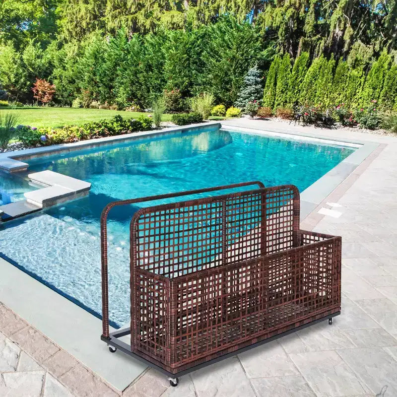 PE Rattan Poolside Float Storage Box with Rolling Wheels, Outdoor Patio Caddy, Sturdy Deck Organizer for Pool Toys, Floats & Beach Accessories, Brown