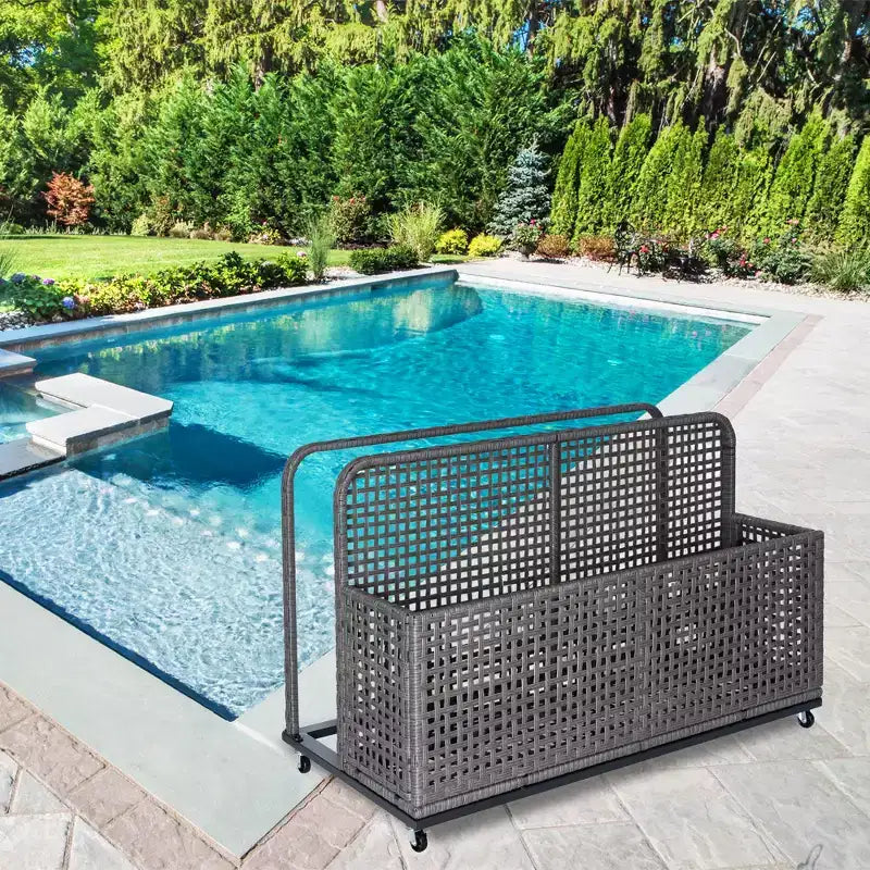 PE Rattan Poolside Float Storage Box with Rolling Wheels, Outdoor Patio Caddy, Sturdy Deck Organizer for Pool Toys, Floats & Beach Accessories, Brown