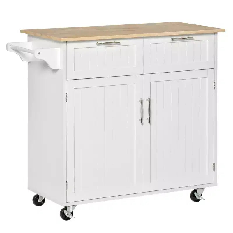 Okak Modern Kitchen Island on Wheels, Rolling Kitchen Island with Rubberwood Top and Drawers, Kitchen Cart for Kitchen, Dining Room