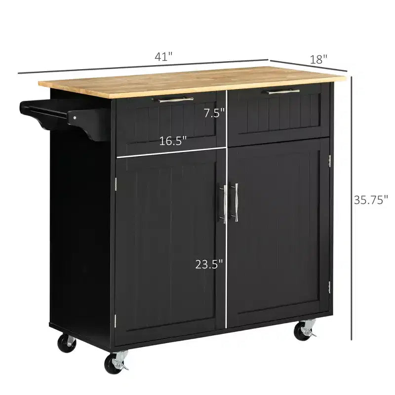 Okak Modern Kitchen Island on Wheels, Rolling Kitchen Island with Rubberwood Top and Drawers, Kitchen Cart for Kitchen, Dining Room