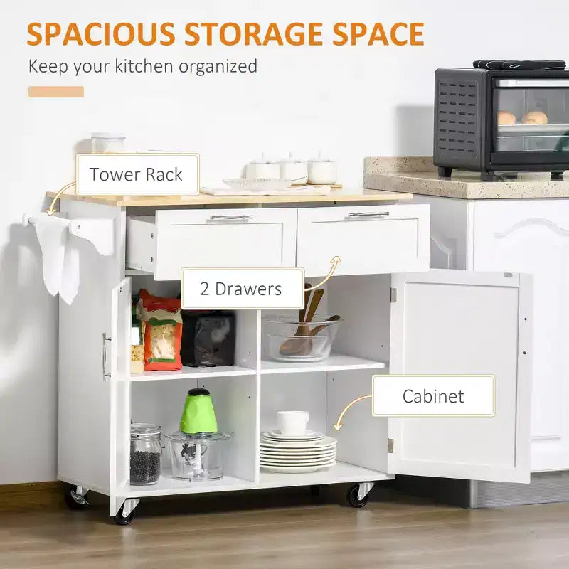 Okak Modern Kitchen Island on Wheels, Rolling Kitchen Island with Rubberwood Top and Drawers, Kitchen Cart for Kitchen, Dining Room