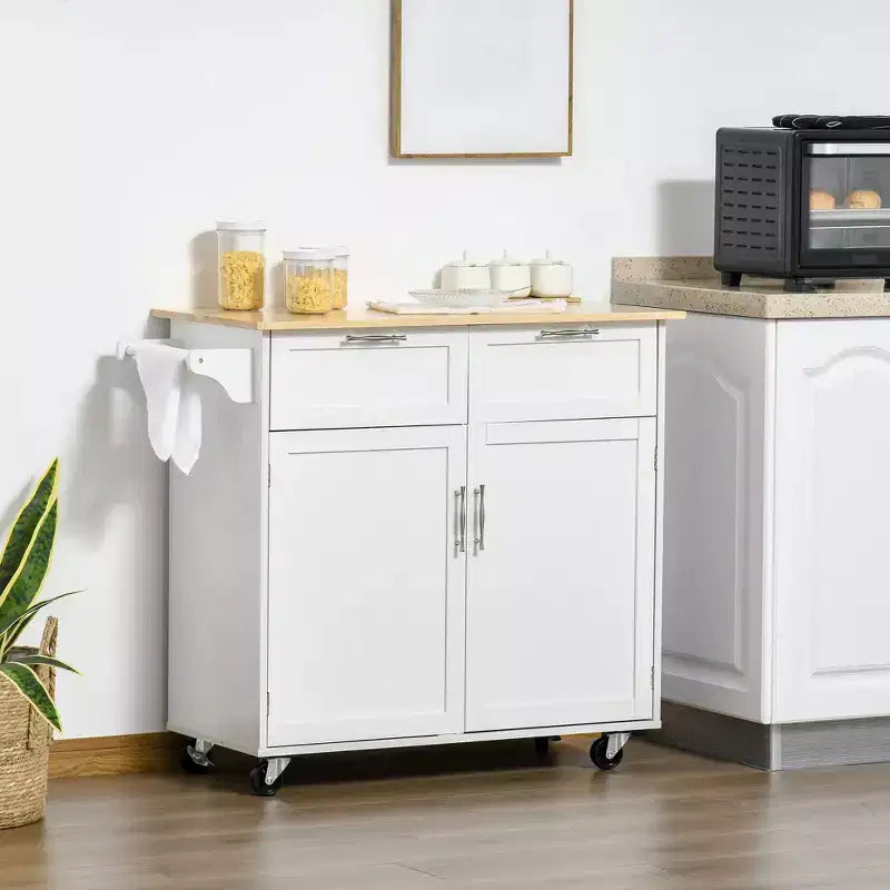 Okak Modern Kitchen Island on Wheels, Rolling Kitchen Island with Rubberwood Top and Drawers, Kitchen Cart for Kitchen, Dining Room