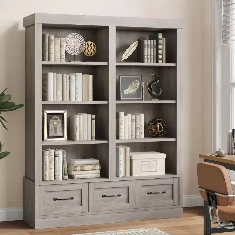 Étagère à livres de 162,56 cm de hauteur avec 4 niveaux doubles ouverts, 3 tiroirs de rangement, 4 niveaux doubles ouverts, Bibliothèques en bois profondes