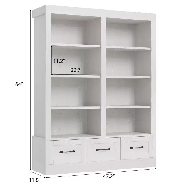 Étagère à livres de 162,56 cm de hauteur avec 4 niveaux doubles ouverts, 3 tiroirs de rangement, 4 niveaux doubles ouverts, Bibliothèques en bois profondes