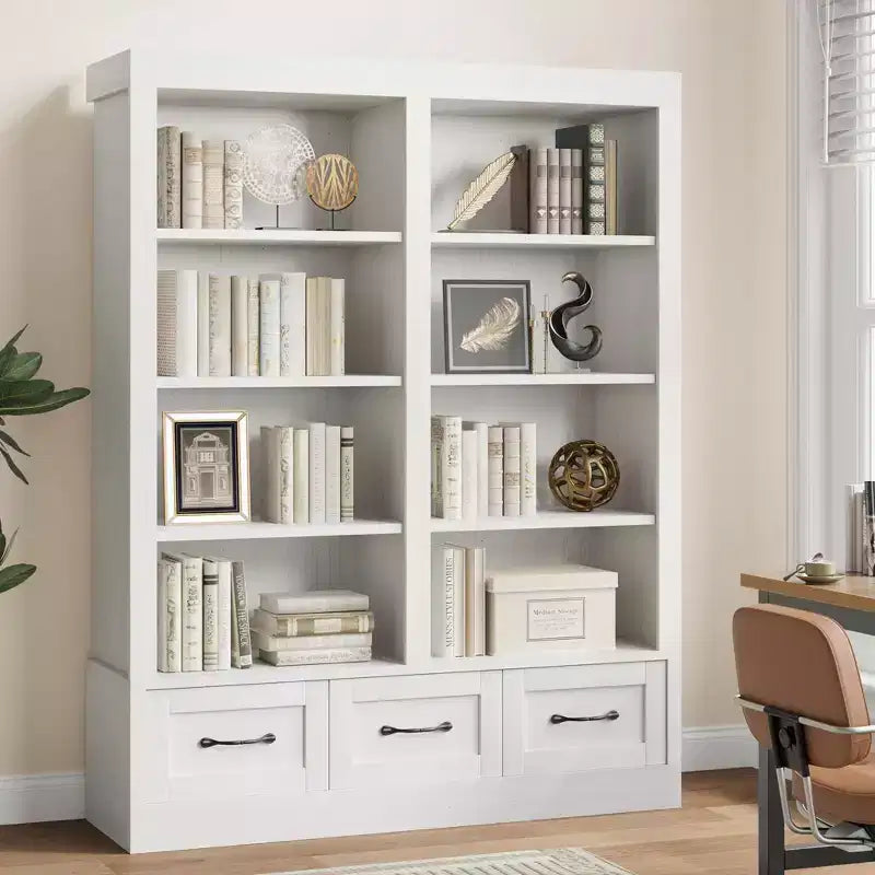 Étagère à livres de 162,56 cm de hauteur avec 4 niveaux doubles ouverts, 3 tiroirs de rangement, 4 niveaux doubles ouverts, Bibliothèques en bois profondes