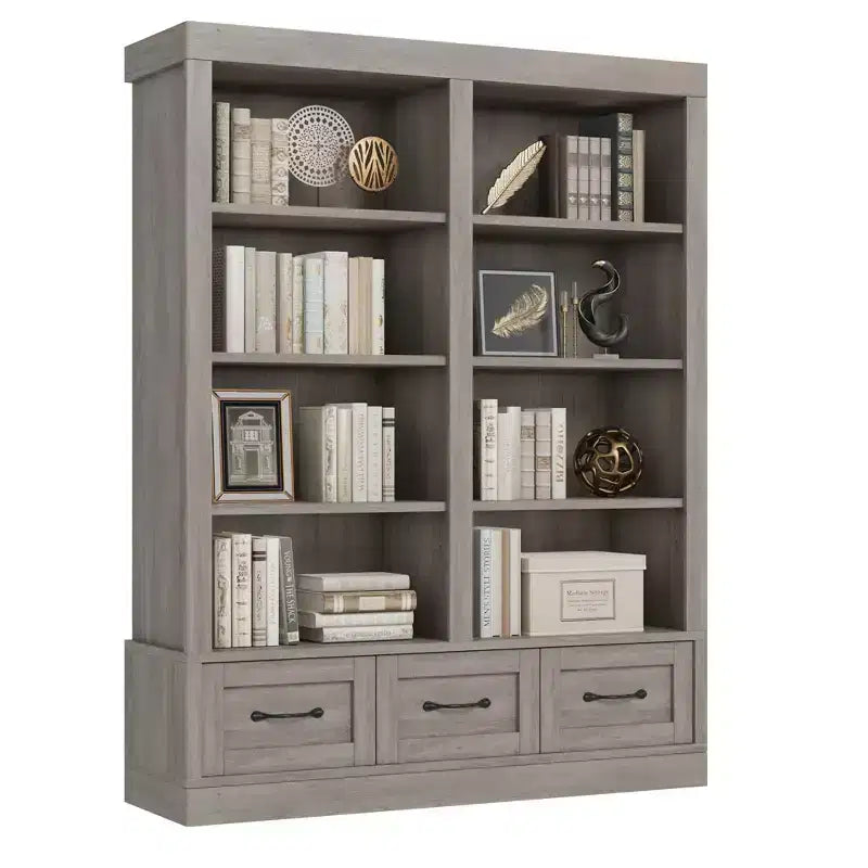 Étagère à livres de 162,56 cm de hauteur avec 4 niveaux doubles ouverts, 3 tiroirs de rangement, 4 niveaux doubles ouverts, Bibliothèques en bois profondes
