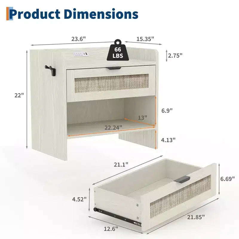 GustoWave Table de chevet en rotin (lot de 2), table de chevet, 2 tiroirs de rangement en rotin, table d'appoint, tables d'appoint, convient pour la chambre, le bureau