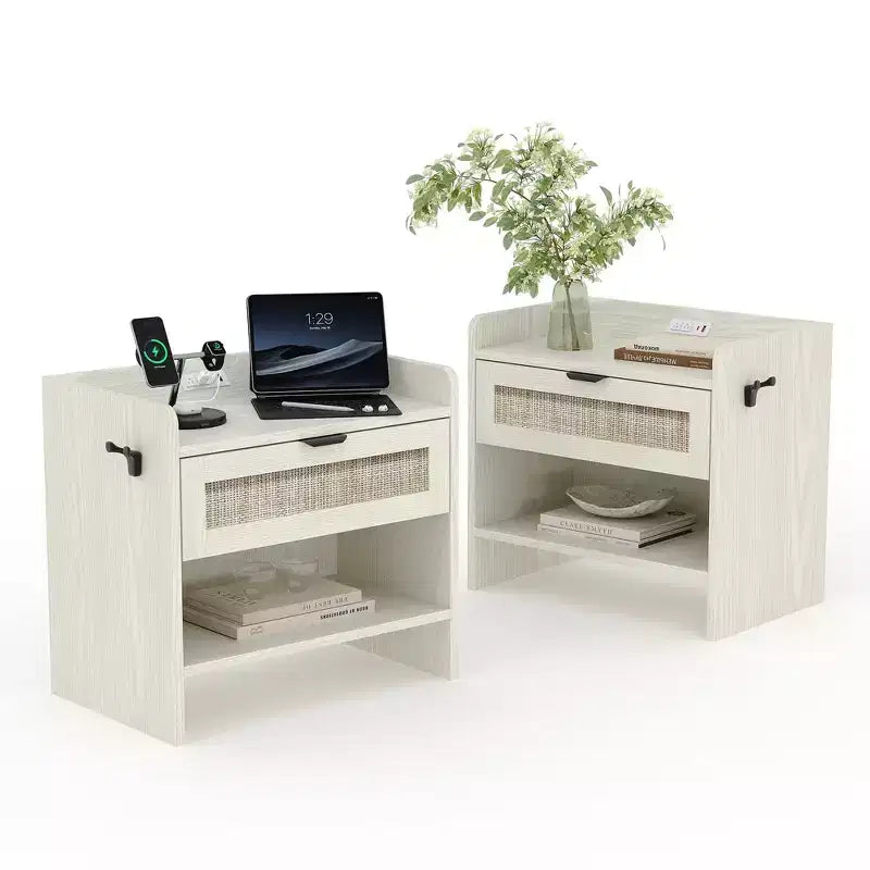 GustoWave Table de chevet en rotin (lot de 2), table de chevet, 2 tiroirs de rangement en rotin, table d'appoint, tables d'appoint, convient pour la chambre, le bureau