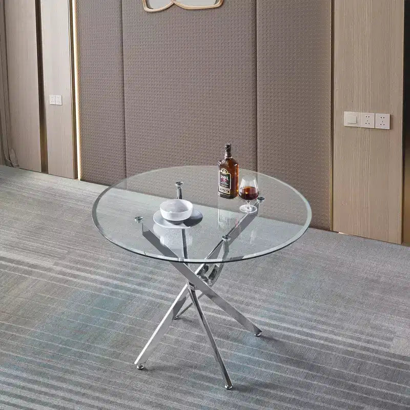 Round Glass Dining Table with Stainless Steel Cross Legs, Modern Glass Kitchen Table, Suitable for Dining Room and Kitchen, Silver.