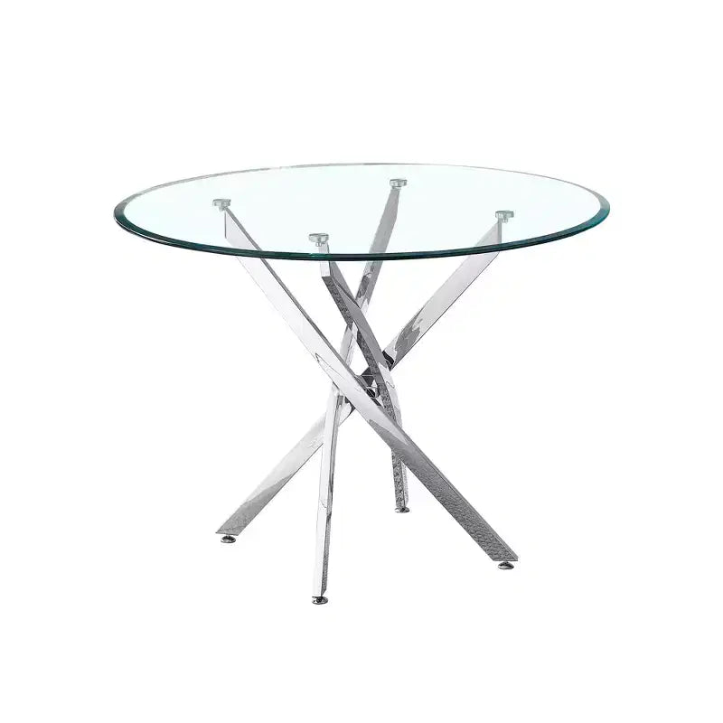 Table de salle à manger ronde en verre avec pieds croisés en acier inoxydable, table de cuisine moderne en verre, convient pour salle à manger et cuisine, argent.