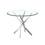 Table de salle à manger ronde en verre avec pieds croisés en acier inoxydable, table de cuisine moderne en verre, convient pour salle à manger et cuisine, argent.