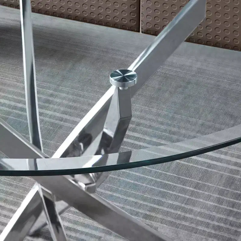 Table de salle à manger ronde en verre avec pieds croisés en acier inoxydable, table de cuisine moderne en verre, convient pour salle à manger et cuisine, argent.