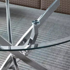 Table de salle à manger ronde en verre avec pieds croisés en acier inoxydable, table de cuisine moderne en verre, convient pour salle à manger et cuisine, argent.