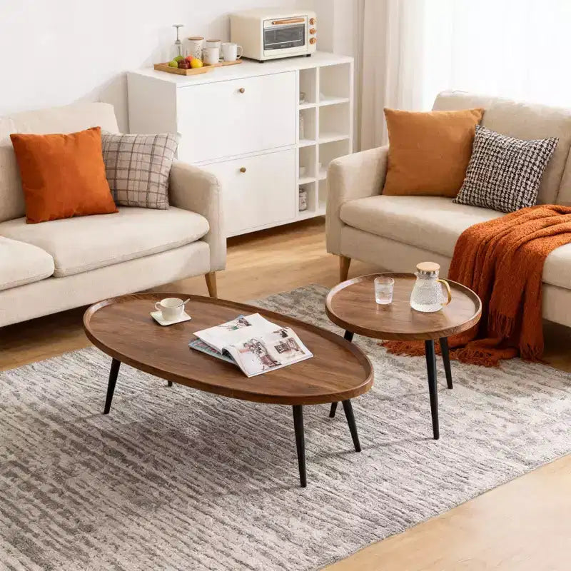 Nesting Coffee Table Set of 2, 2-Piece Walnut Coffee Tables, Mid Century Modern Nesting Side Tables for Living Room, End Table for Small Spaces Sofa