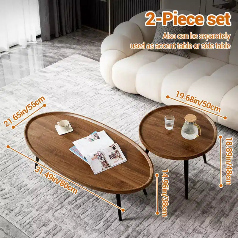 Lot de 2 tables basses gigognes, tables basses en noyer 2 pièces, tables d'appoint gigognes modernes du milieu du siècle pour salon, table d'appoint pour canapé petits espaces