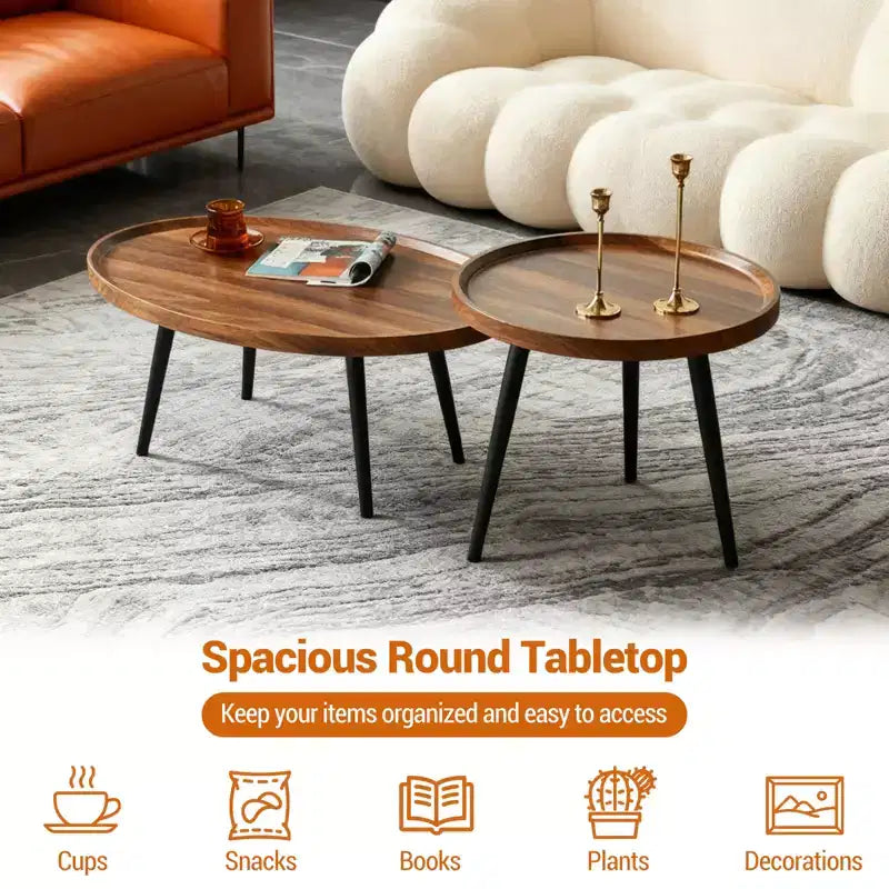 Lot de 2 tables basses gigognes, tables basses en noyer 2 pièces, tables d'appoint gigognes modernes du milieu du siècle pour salon, table d'appoint pour canapé petits espaces