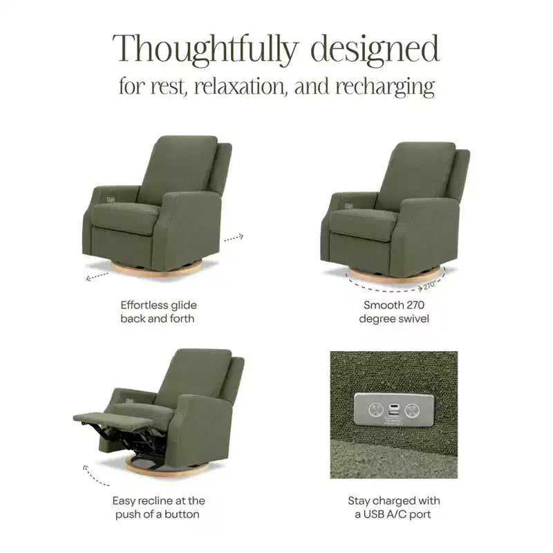 Namesake Crewe Electronic Recliner and Swivel Glider - Blue Gingham with Light Wood Base