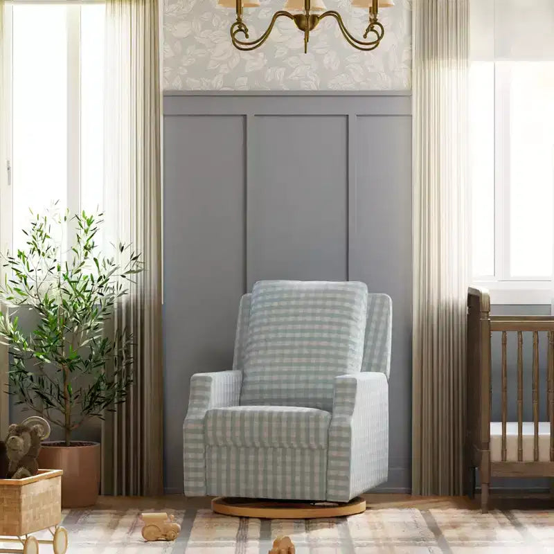 Namesake Crewe Electronic Recliner and Swivel Glider - Blue Gingham with Light Wood Base