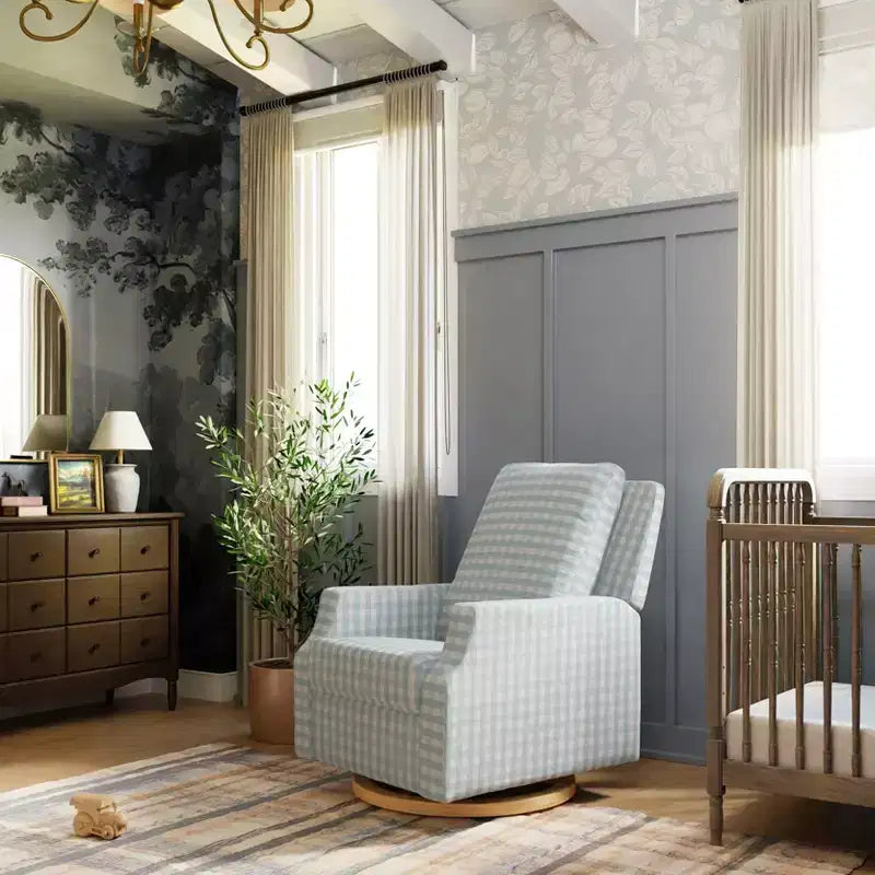 Namesake Crewe Electronic Recliner and Swivel Glider - Blue Gingham with Light Wood Base