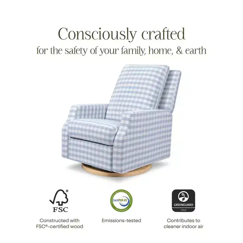 Namesake Crewe Electronic Recliner and Swivel Glider - Blue Gingham with Light Wood Base