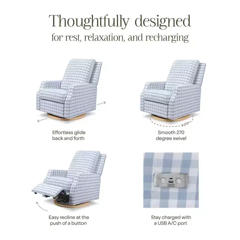 Namesake Crewe Electronic Recliner and Swivel Glider - Blue Gingham with Light Wood Base