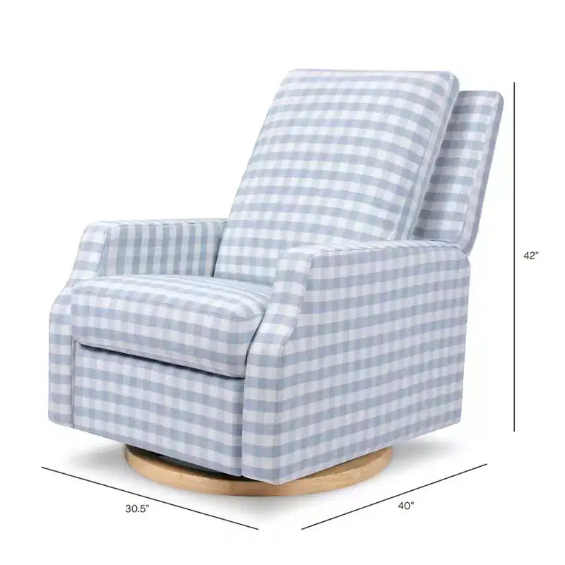 Namesake Crewe Electronic Recliner and Swivel Glider - Blue Gingham with Light Wood Base